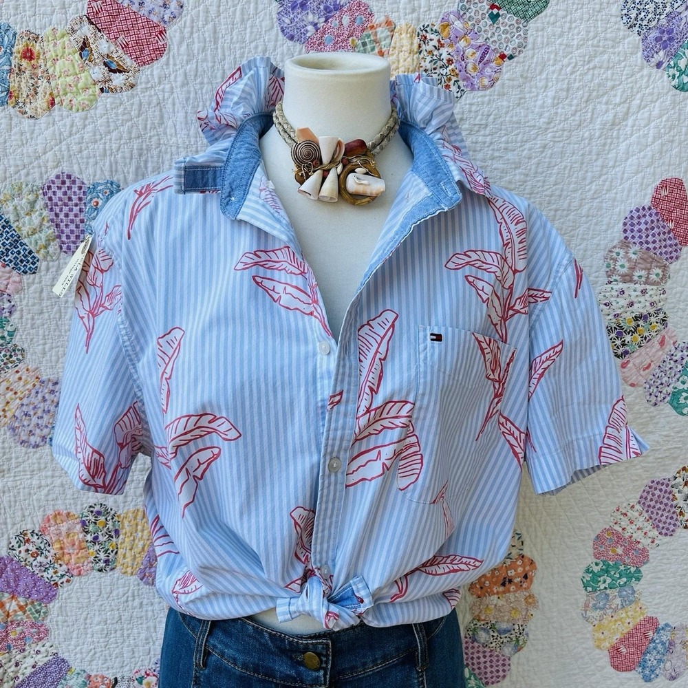 Tommy Hilfiger Oxford Stripe Hawaiian Aloha Short Sleeve Upcycled Camp Shirt XL
